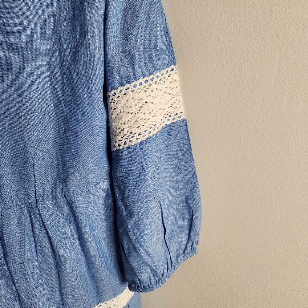 Linda Anderson NWT womens Large crochet lace detail tiered chambray dress - Picture 6 of 6